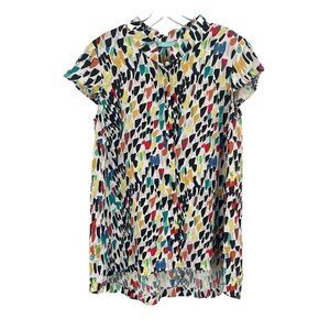 Blue Illusion Button Down Tunic Top Colorful Linen Sz Small Short Sleeve